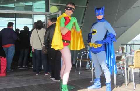 Batman and Robin, crowd control at the exhibition on the pier